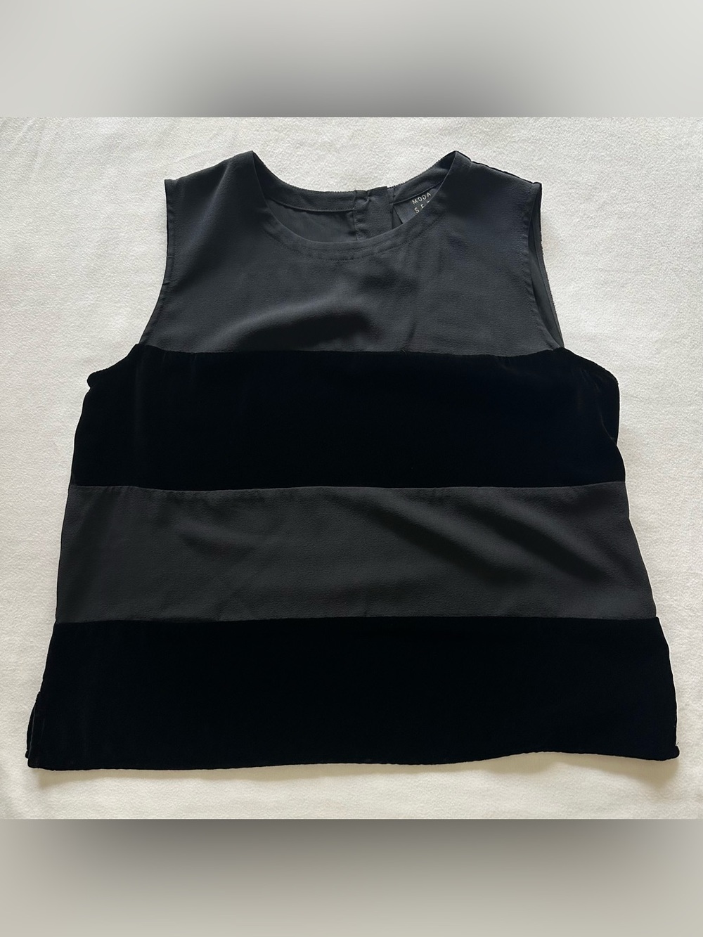 vintage rayon/silk velvet black on black striped tank w side slits / sz small